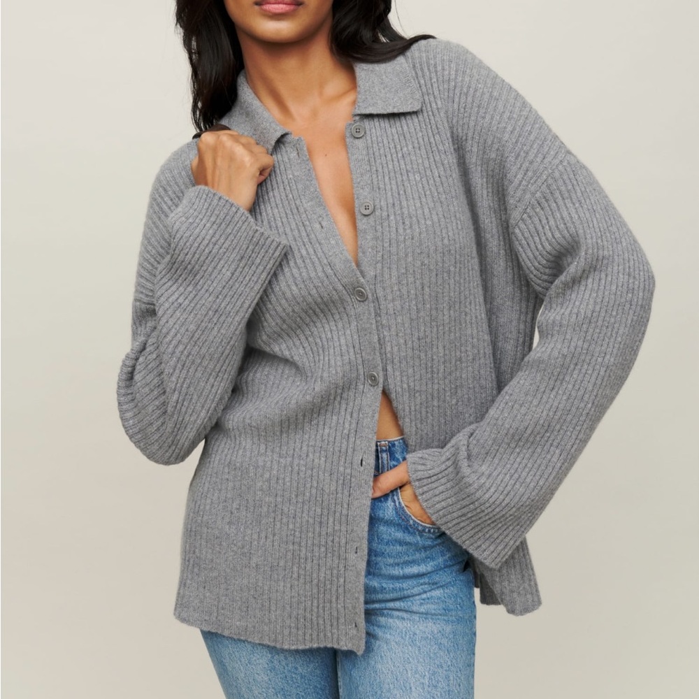 Reformation Heather Gray Ribbed Button-Front Cardigan